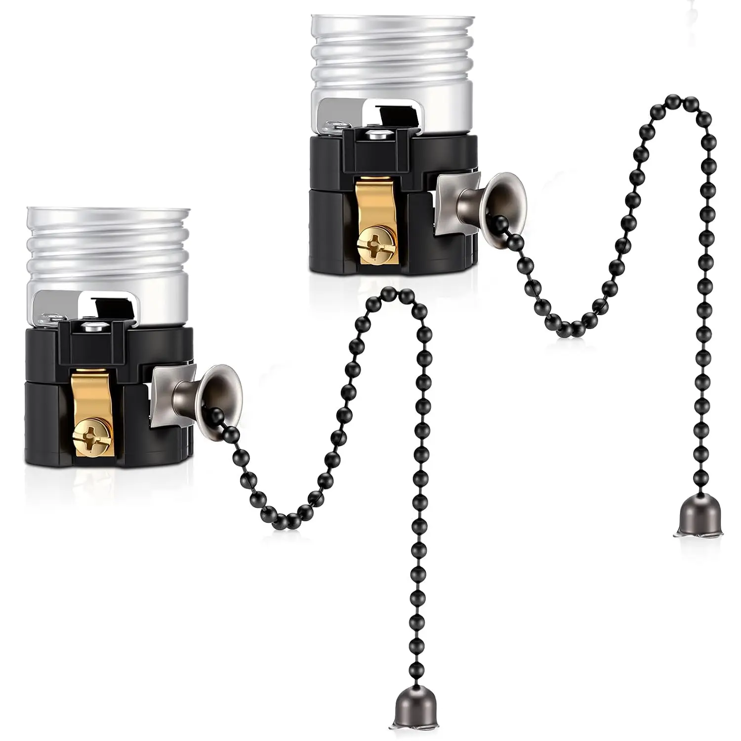 2 Pack 2 Way Lamp Socket  Incandescent Lamp Holder with 6" Nickel Plated Chain (/Off), 2-Circui Light Socket Repair , Medium Base  for Table, Floor Light (Black)