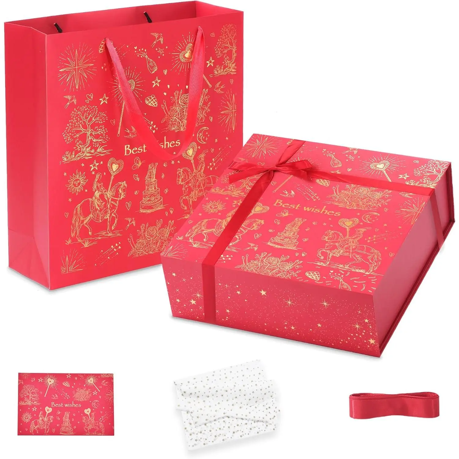 Large   Box Set,12x12x4 in,with Bag,Card,Ribbon & Tissue | Complete - set with  Box, Bag,Card,Ribbon and Tissue Paper,No Glue, or Extra  Wrap Needed