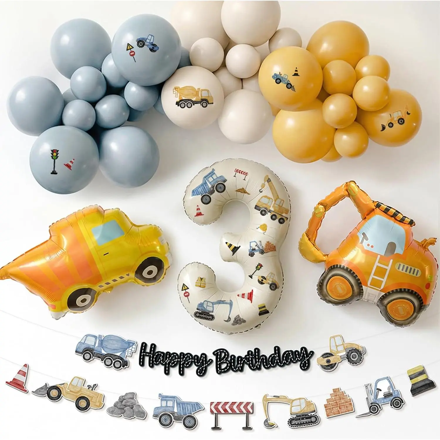 48Pcs Construction Theme Balloon Arch Garland Kit, Boys 3rd Birthday Party Decor Set, Cream Number 3 Foil Balloon, DIY Decor Stickers + Birthday Banner, Construction Truck Birthday Party Supplies for 3 Years Old Boy