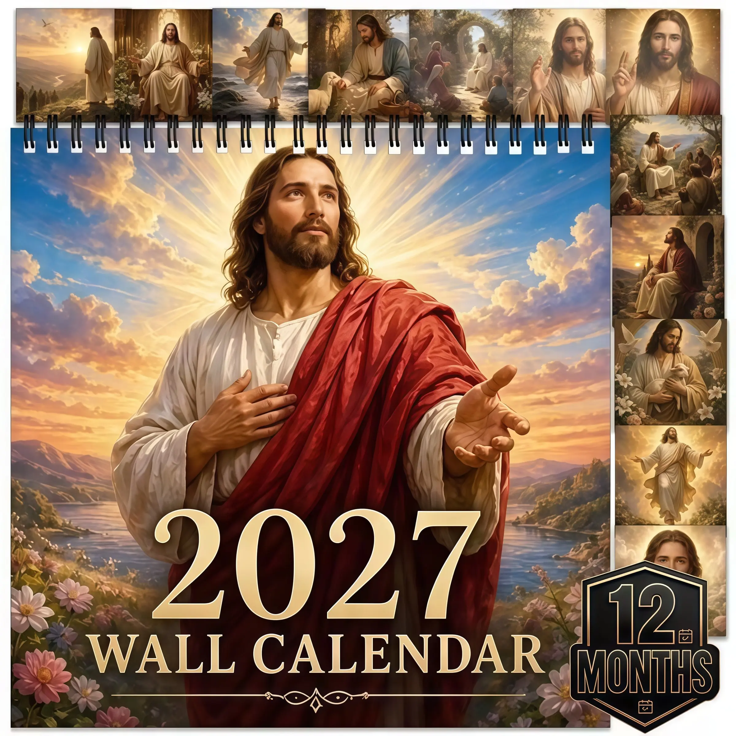 2027 Jesus Wall Calendar, Christian Religious Art Monthly Calendar, Vintage Bible Scenery Painting Wall Decor, Perfect Gift for Catholic & Christian Believers