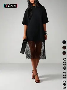 Women's Two-Layer T-Shirt Dress, Womenswear, Crew Neck, Oversized Short Sleeve Knitted Outer, Patchwork, Sheer Floral Lace Midi Underlayer, Soft Breathable Fabric, Casual Daily, Date Night & Party Wear, Edgy Dark Feminine Style