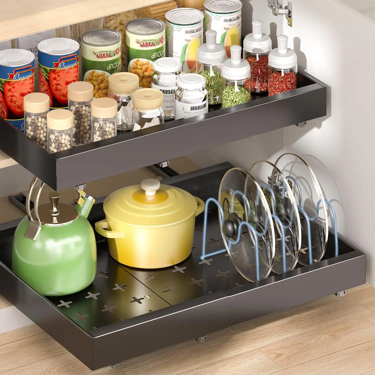 16" Deep Pull Out Cabinet Organizer with 6 Dividers, Expandable (11.7 "-20" W) Pull Out Drawers for Cabinets, Cabinet Trays Pull Out for Cabinets in Kitchen, Pantry or Bathroom, Black, 2 Pack