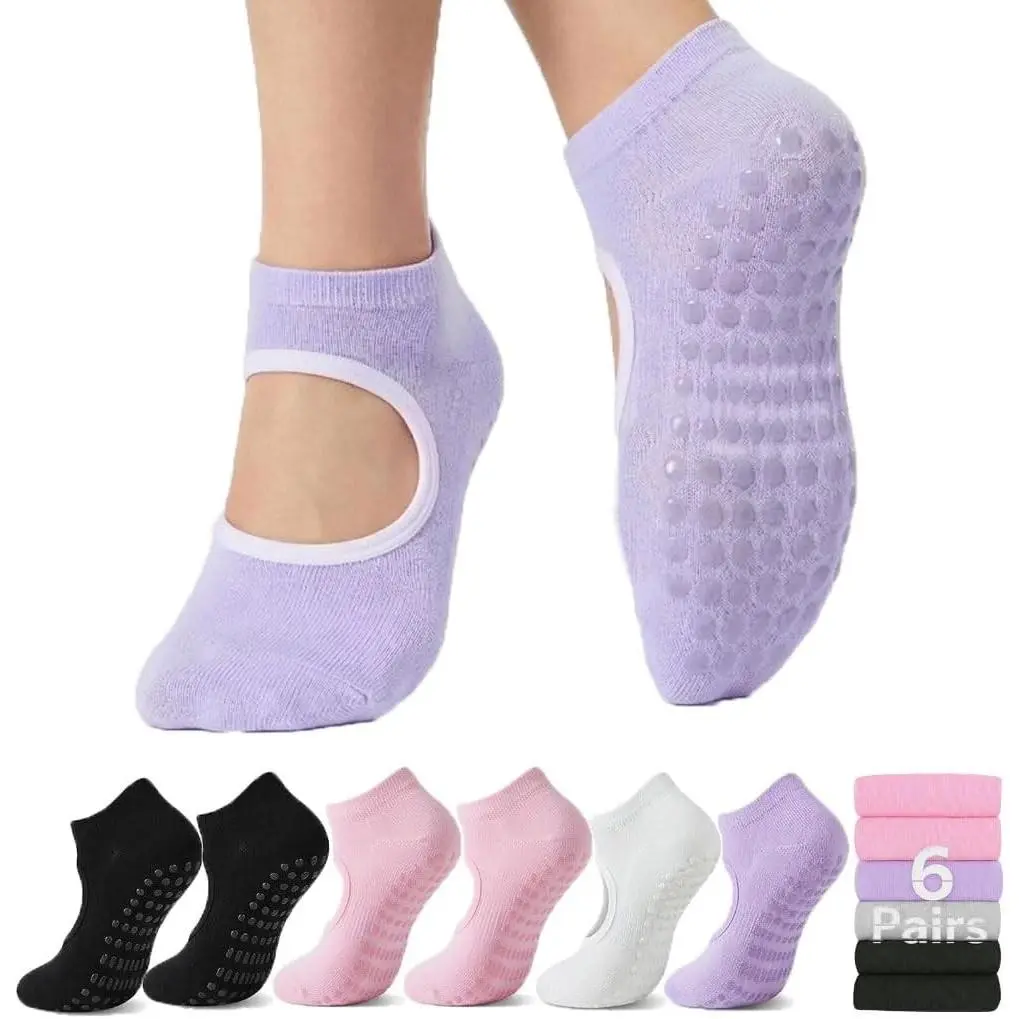 6 Pairs Non-Slip Grip Pilates Socks for Women - Ideal for Yoga, Barre, Hospital & Barefoot(Gift)