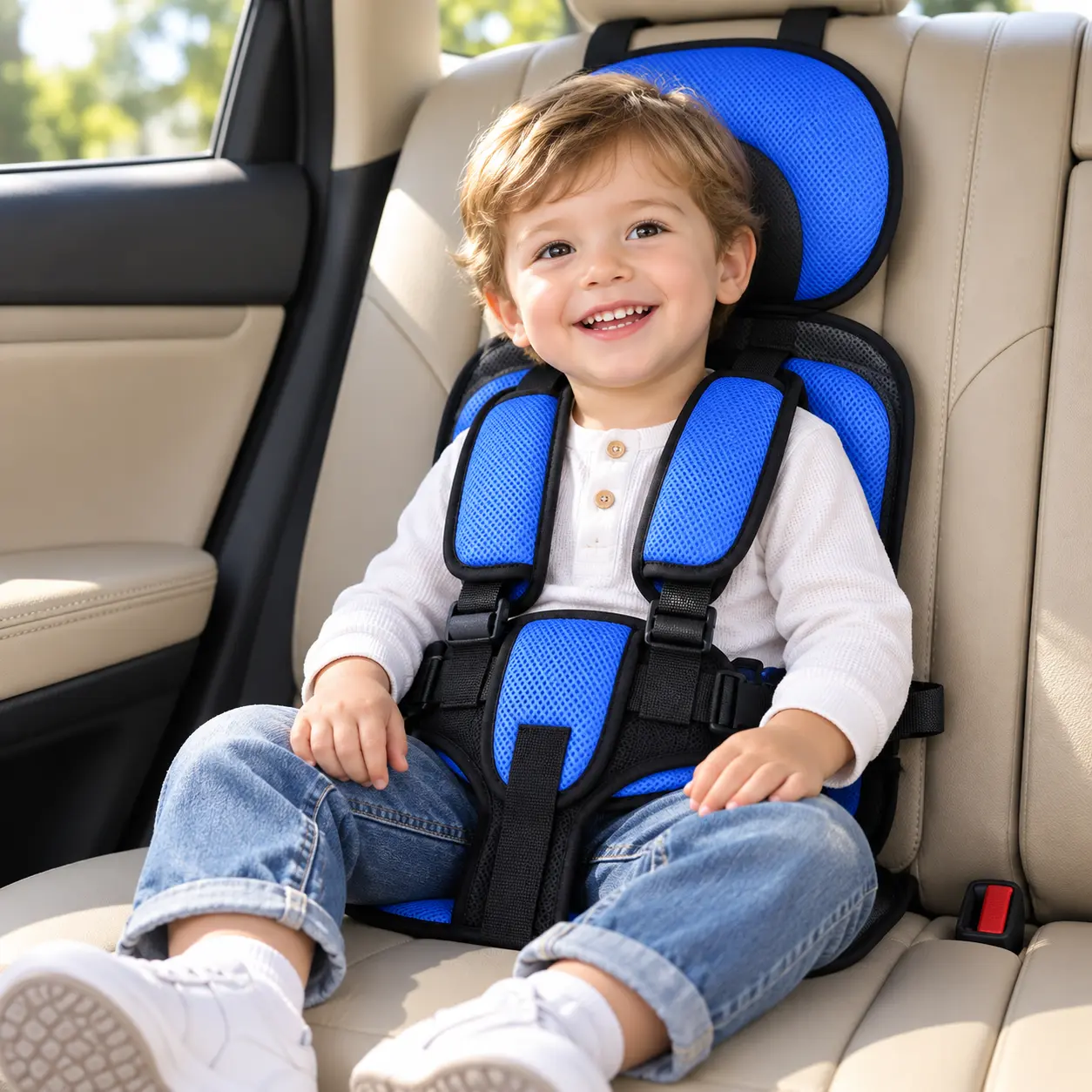 Portable Child Car Seat Harness with Padded Head Support, Adjustable Safety Straps & Breathable Mesh Cushion for Travel, Blue