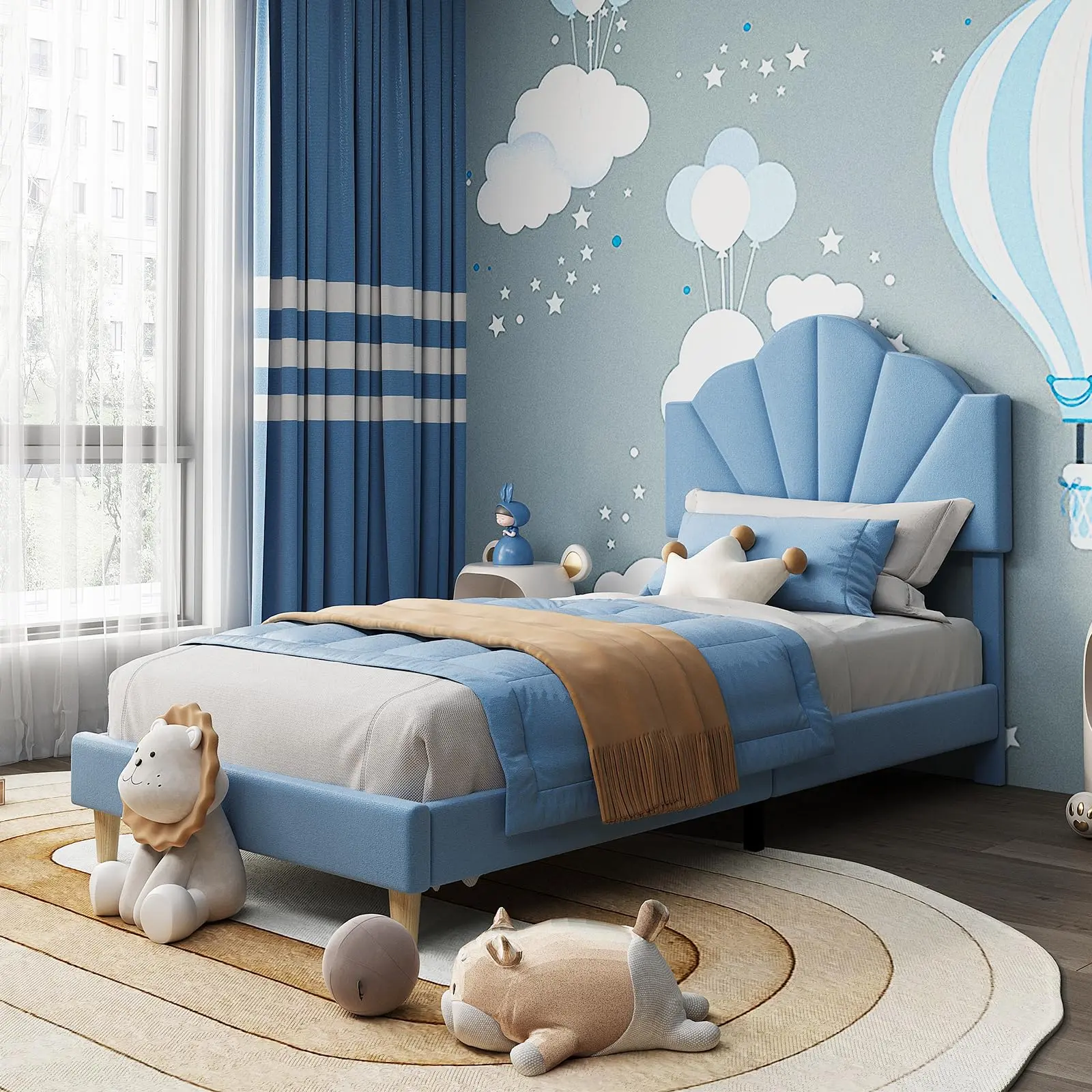 Twin Size Velvet Upholstered Platform Frame Bed with Height-Adjustable Scalloped Shell Headboard, Cute Fabric Kids Bed with Wooden Slats Support, No Box Spring Needed, Soft Light Blue, Frame Beds