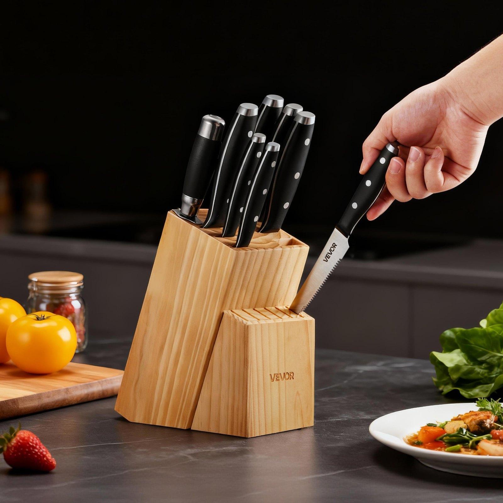 VEVOR 15-Pcs High Carbon Stainless Steel Knives Set with Premium Wooden Block, Sharpener, Steak Blade, Ergonomic Handle and Sharpening Rod for Home Cooks VEVOR 15-Pcs High Carbon Stainless Steel Knives Set with Premium Wooden Block, Sharpener, Steak Blade, Ergonomic Handle and Sharpening Rod for Home Cooks