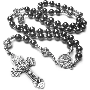 Hematite rosary beads catholic for women and men,Catholic baptism gifts for boys,Rosary for first communion boys or girl, BlackGift.