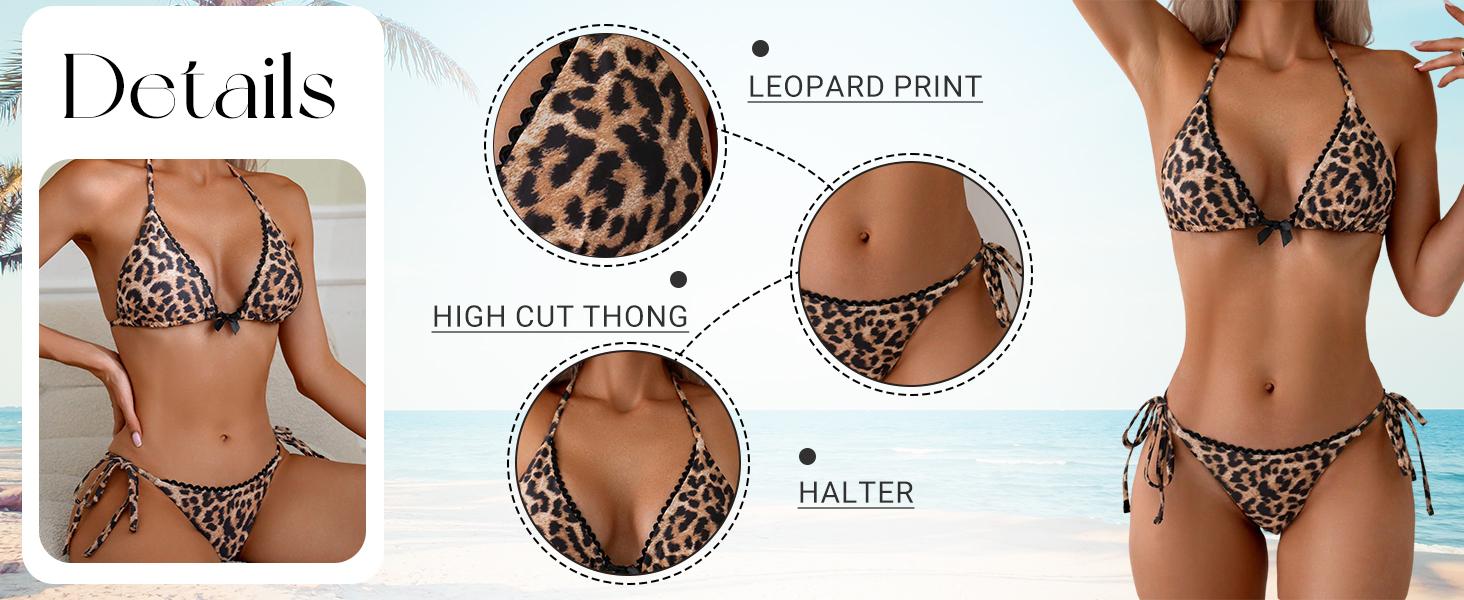 Women's 2 Piece Leopard Bikini Set Cheetah Thong Bikini Sexy Triangle High Cut Swimsuit String Cheeky Bathing Suit