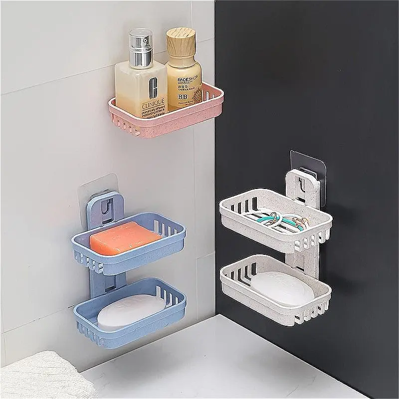 Wall-Mounted 2-Layer Rectangle Soap Dish Shelves, 2 Sets of 4-Piece Multifunctional Large-Capacity Plastic Bathroom Storage Organizers (Pink, Beige)