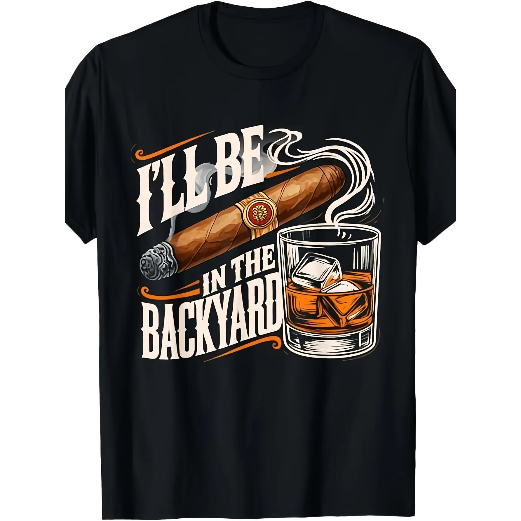 Men's Classic Breathable Short-Sleeve Printed T-Shirt, "I'm in the Backyard Drinking Bourbon and Doing Hobbies" Design, Round Neck Casual Street Style, Suitable for Barbecues, Joggers Day Wear, 2026 Summer Outdoor Sports Top, Menswear