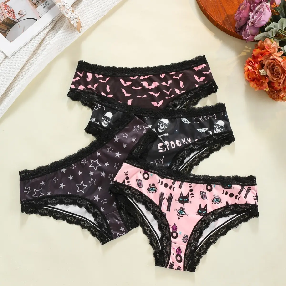 Women's Mid-Waist Gothic Lace Panties, 4-Pack Multi-Size Comfortable Breathable Sports Underwear with Pentagram & Black Moon Skeleton Prints, Pentagram On Black Background