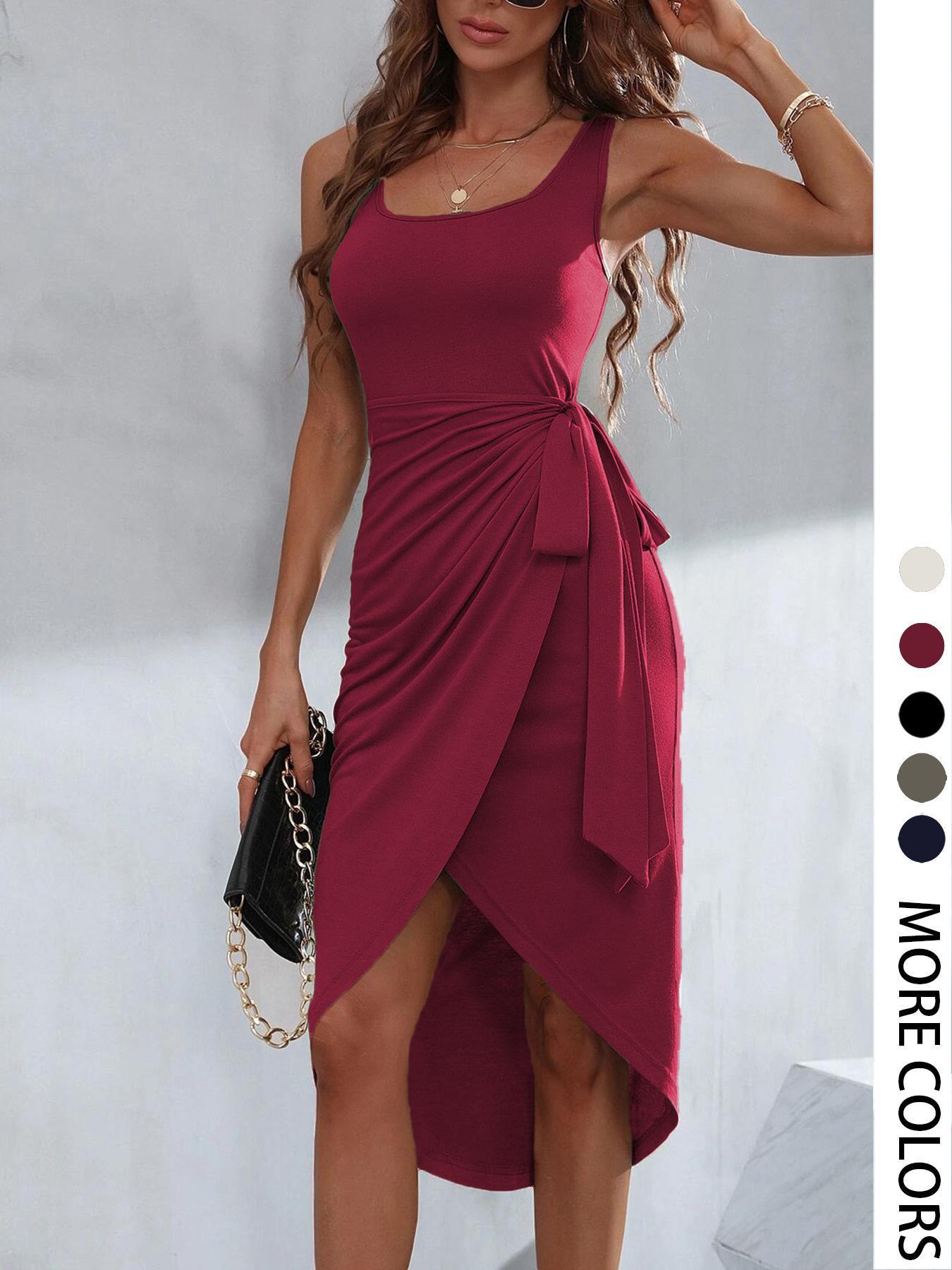 Women's Plain Dress, Casual Sleeveless Dress for Summer, Women's Clothing for Daily Wear, Elegant Draped Style