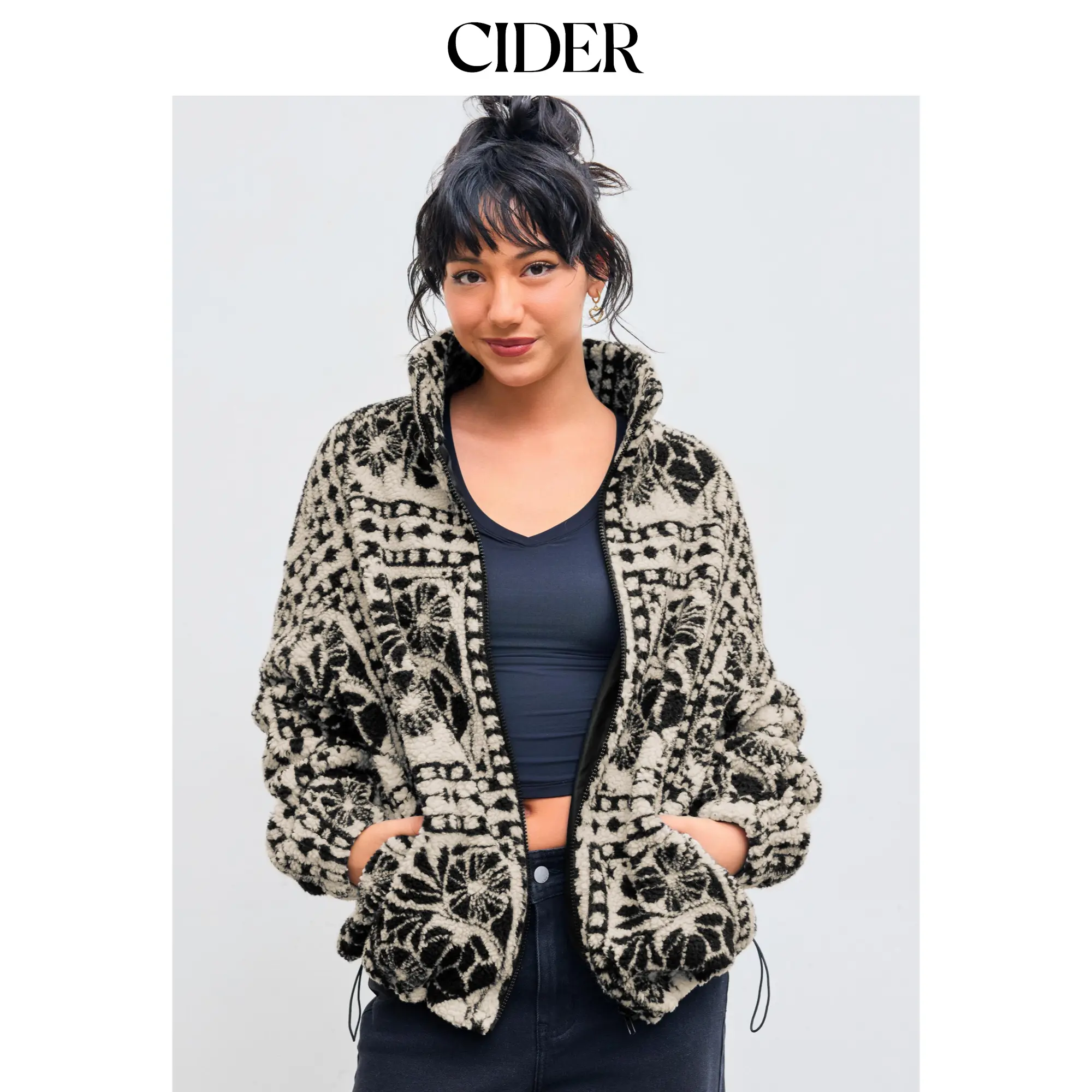 Cider Fleece Stand Collar Abstract Drawstring Oversized Jacket SummerFinds
