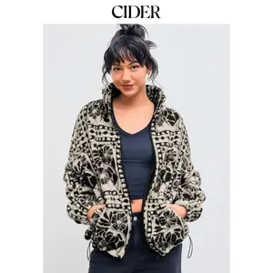 Cider Fleece Stand Collar Abstract Drawstring Oversized Jacket SummerFinds