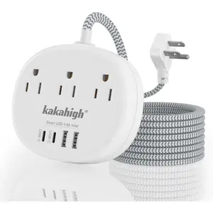 White Extension Cord Braided Extension Cord 10 Feet, 13 Amp (1625W) Power Strip with 3 AC Outlet 4 B (24W/4.8A), College Dorm Room Essentials, White