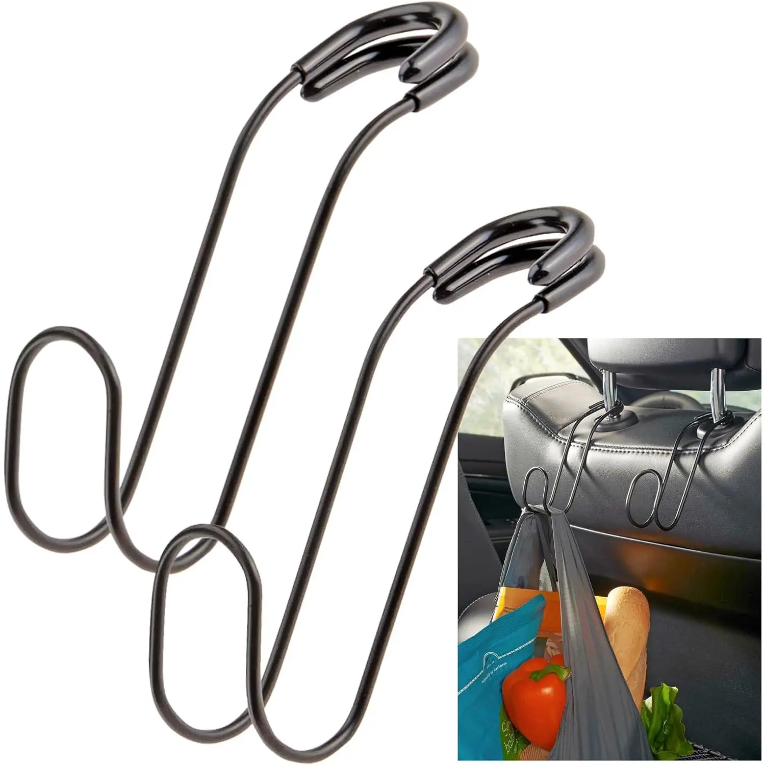 Unbreakable  Bag Hooks - Large, Solid Metal  Seat Hooks for Purse, Backpack, Coats, Hats and Heavy Bags up to 40 lbs - Secure Attachment Fits  Metal Headrest Posts, 2-Pack