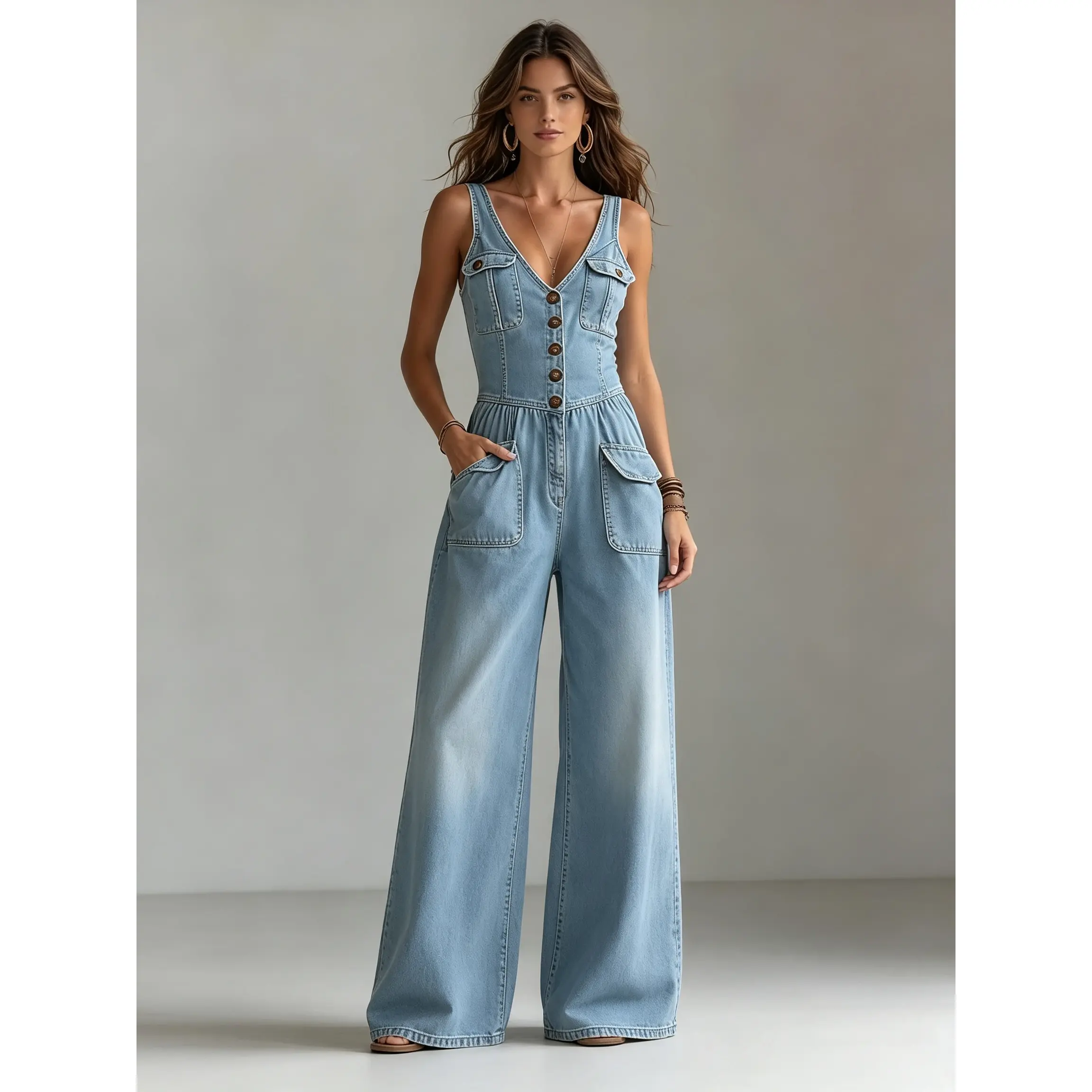 Women's Jumpsuits High-Waisted Washed Denim Jumpsuit | Loose-Fit Straight-Leg Sleeveless Jumpsuit | Casual Street-Style Jumpsui