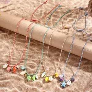 Boho Ceramic Shell and Starfish Pendant Necklace on Colorful Cord, Ocean Style Jewelry for Women's Summer Beach Vacation, Decorative Shells Jewelry Sets