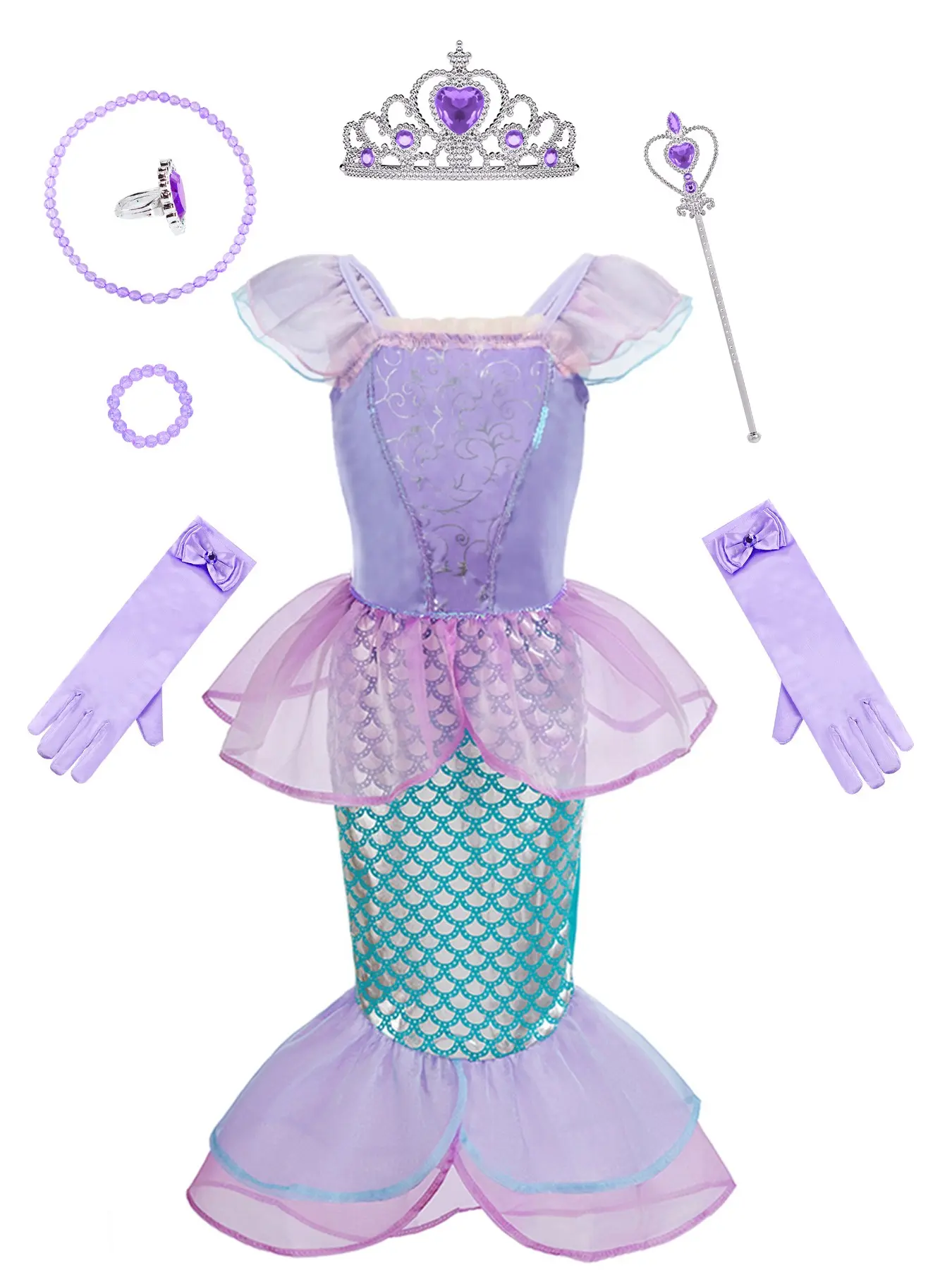 Girls' Mermaid Tail Dress, 7-Piece Set, Sweet Costume, Cartoon Themed Costumes, Elegant Fish Scale Print, Dreamy Netting Overlay, Perfect Birthday Gift, Ages 3-12