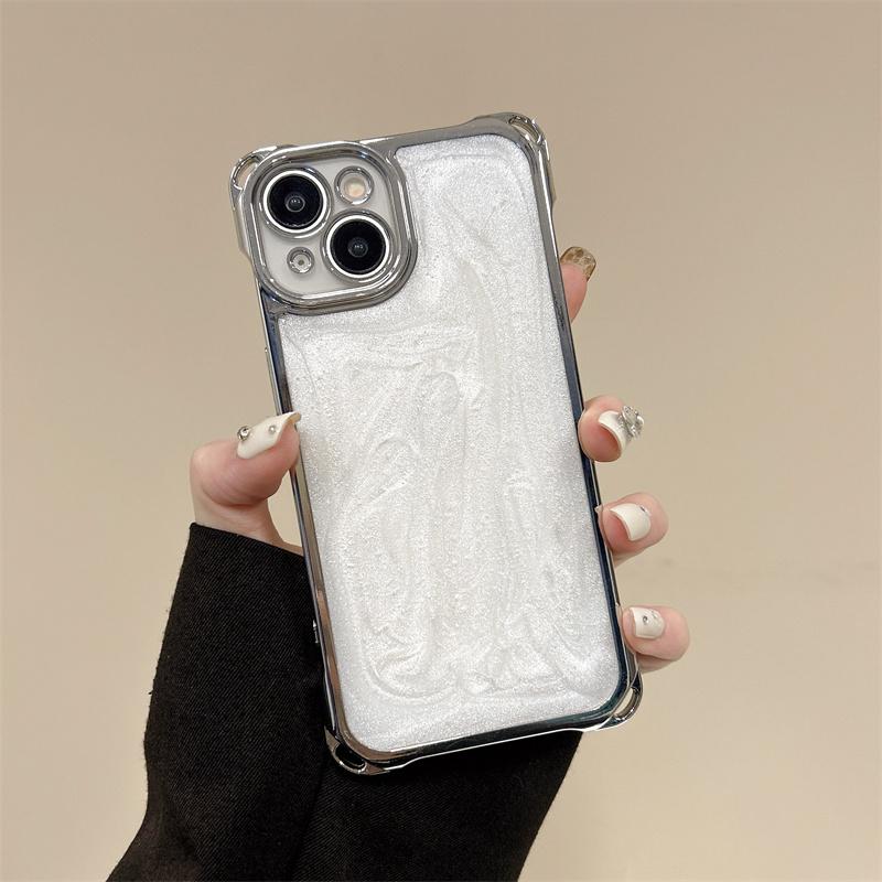 Silver Plated Four-Corner Shockproof Phone Case for iPhone 17 Pro Max 16 15 Pro Max 14 Plus 13 12, Minimalist Pearlescent White & Cement Gray Silicone Cover, Trendy Luxury for Women