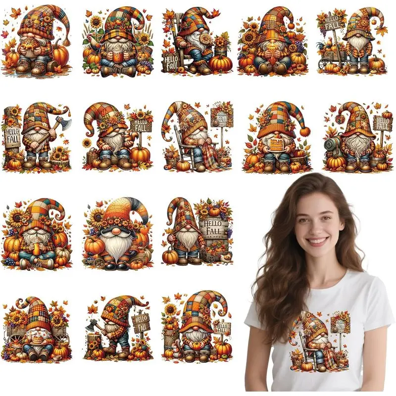 Dtf Transfers Ready to Press - 16 Pcs Fall Gnome Iron on Transfers for T-Shirts Autumn Pumpkin Iron on Patches Hello Fall Heat Transfer Vinyl Decals Stickers for Clothing Bag DIY Crafts