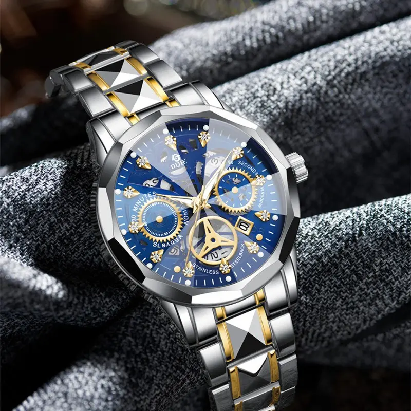 Stylish Black Gold Hollow Out Wrist Watch For Men Multi-Time Chronograph Luminous Markers Date Window Daily Office Accessory