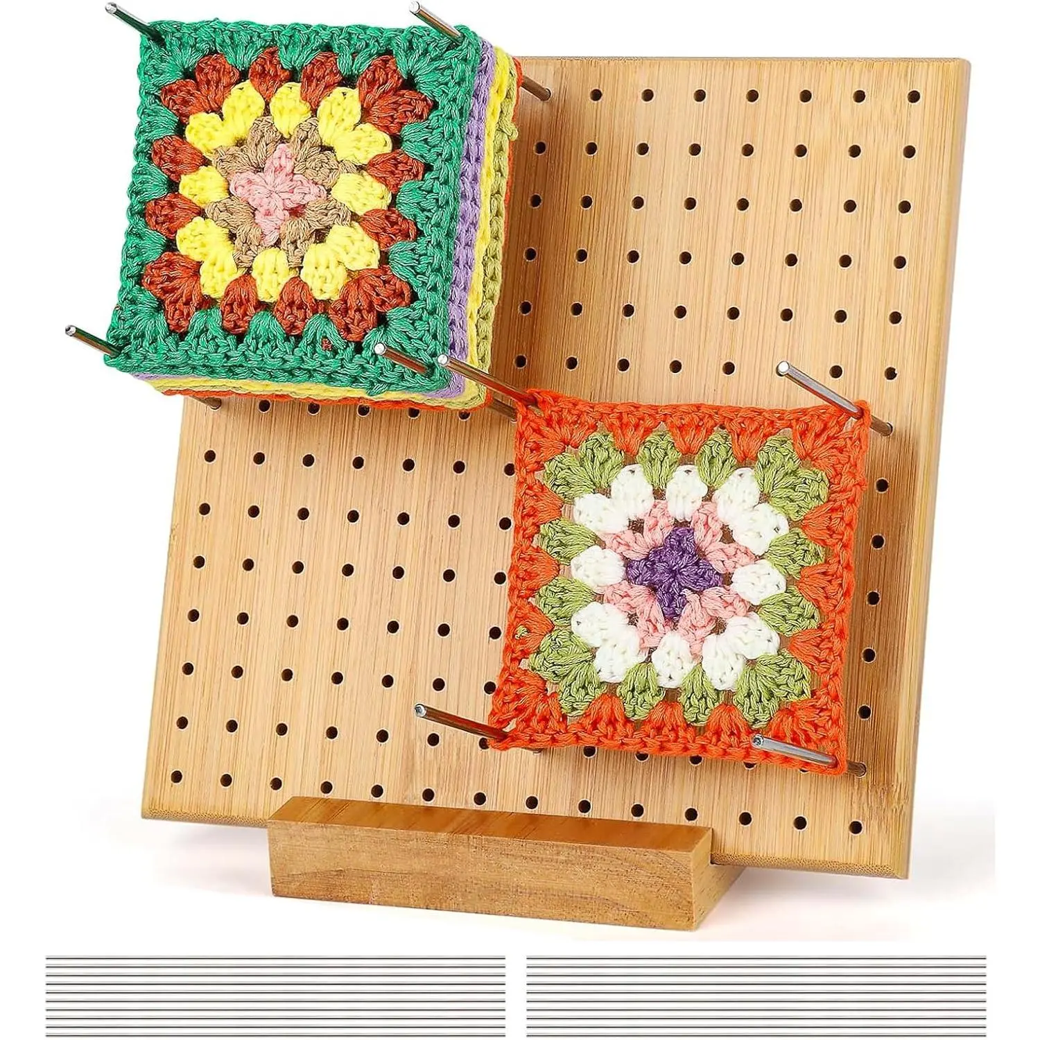 7.87"x7.87" Wooden Pegged Crochet Blocking Board - Handcrafted Knitting Blocking Mat for Crafting, 20 Stainless Steel Rod Pins, Smooth Burr-Free Shape Holders, Stylish Display Stand, DIY Accessories for Granny Squares