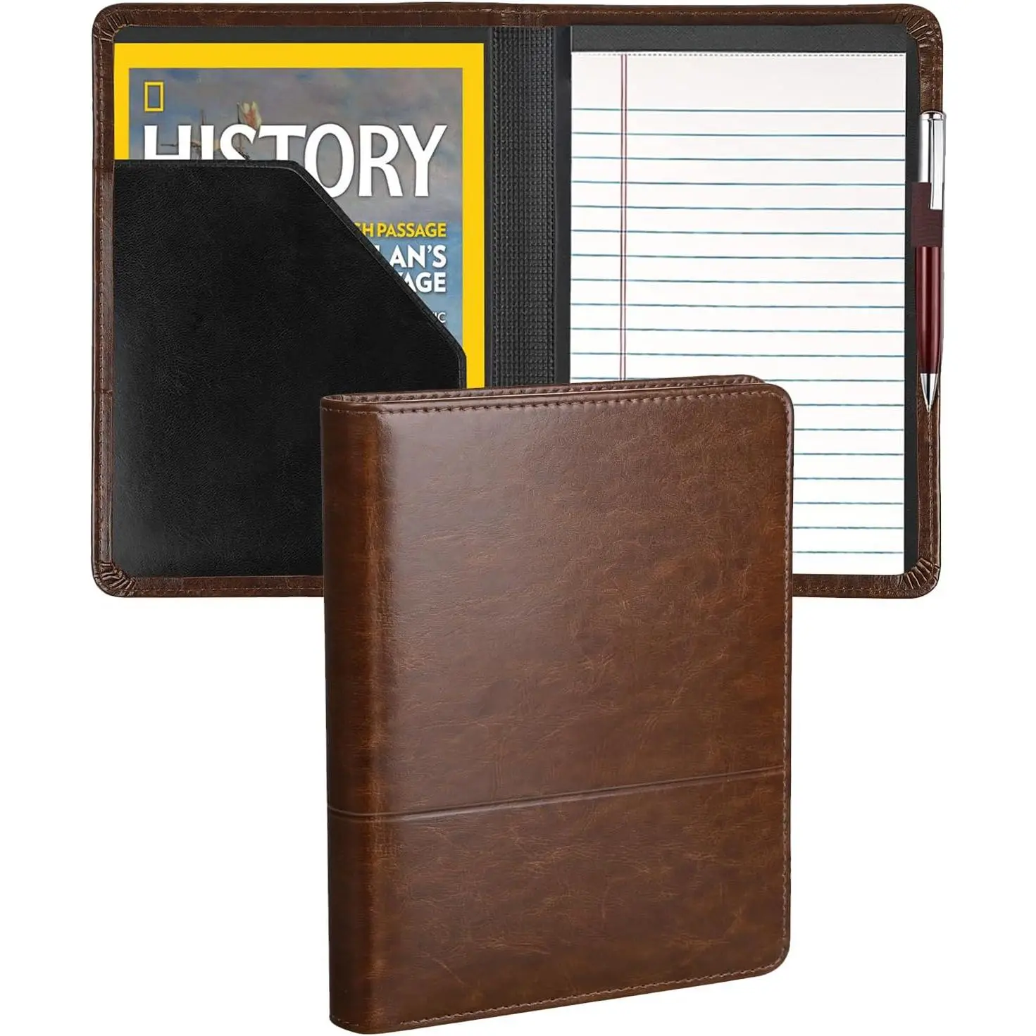 Mini Padfolio Portfolio Binder 5 x 8 Legal Writing Pad A5 Document Organizer Folder for Men Women Dark Brown