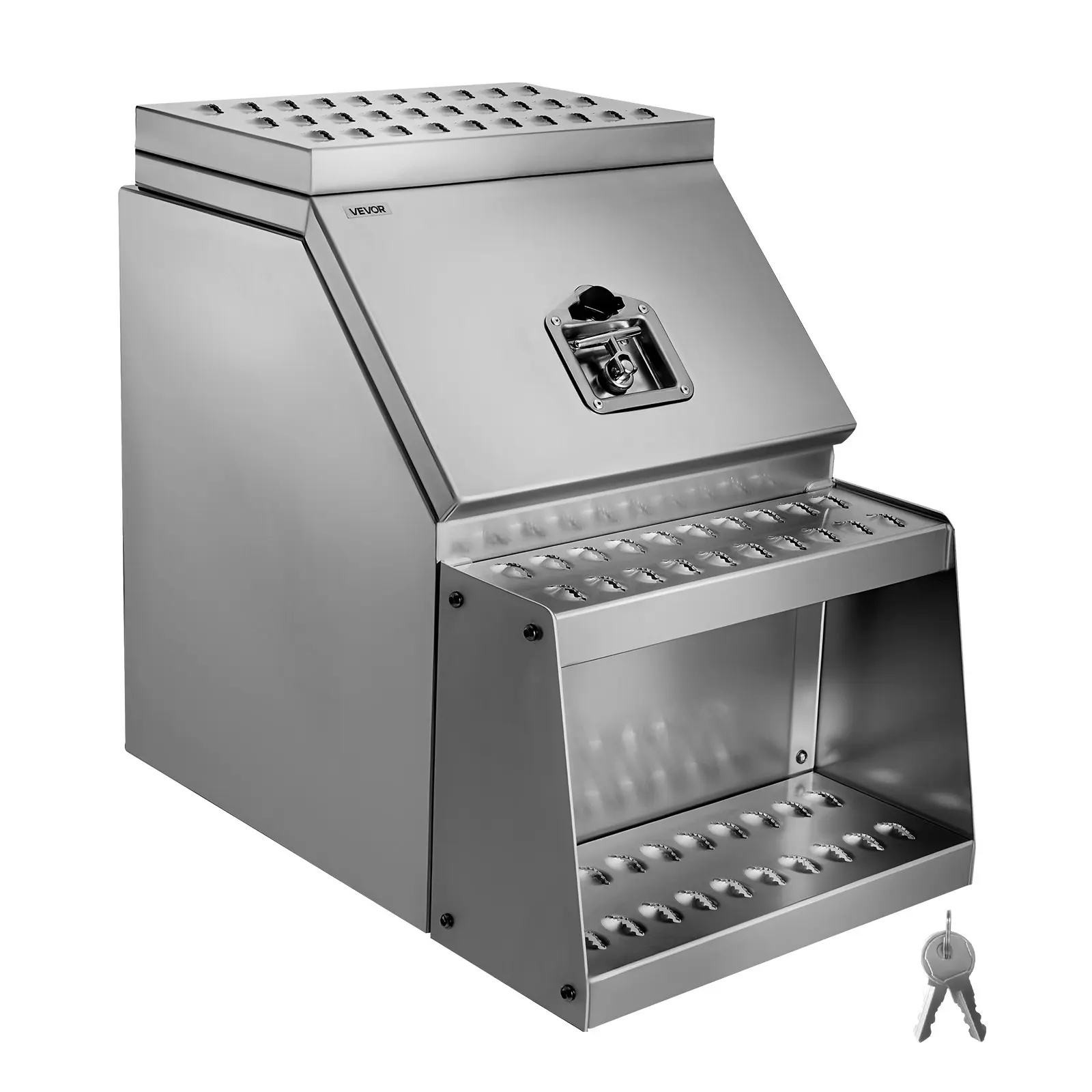 【DealsForYouDays】VEVOR Semi-Truck Step Tool Box, 18" x 27.5" x 25.4" Heavy Duty Aluminum Toolbox Side Mount, Waterproof Side Storage Saddle Step Box with T-Handle Lock & Keys for Semi Trucks, Flatbed Trailers
