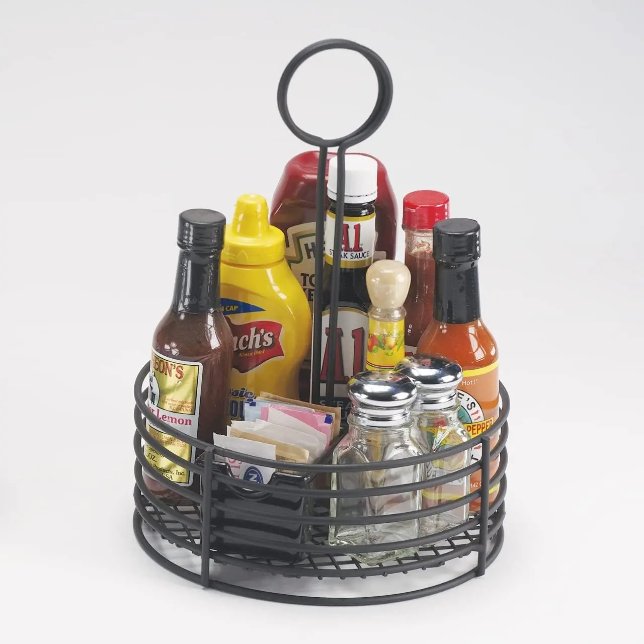 4-31860 Black Round Stainless Steel Condiment Caddy Iron Teflon Coated Table Caddies Collection | Easy transport, Restaurant service, Great for Condiments, Flatware and Table Service