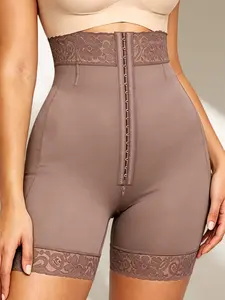1 Count Women’s High Compression Shorts With Lace Hem Anti-Curl Design, Front Three-Row Hook Closure Bottoms, Convenient Crotch Zipper Shaper Panty, Suitable For Daily Wear, Office, Parties, Weddings & All Formal Occasions