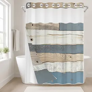 1Pc Hookless Double Layer Shower Curtain, Blue White Rustic Wood Plank Print, Waterproof Washable Fabric, Snap-in Liner, See-Through Window, Farmhouse Bathroom Decor for Apartment, Rental, Guest Bath, RV
