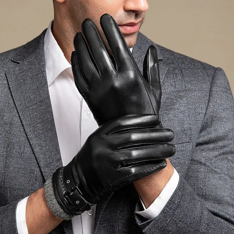 1 pair Men's Sheepskin Sports Gloves - Full palm touchscreen, wool lining, windproof and warm, super soft, winter outdoor men's gloves (available in lamb skin, ideal gift), wool men's gloves, lamb skin men's gloves
