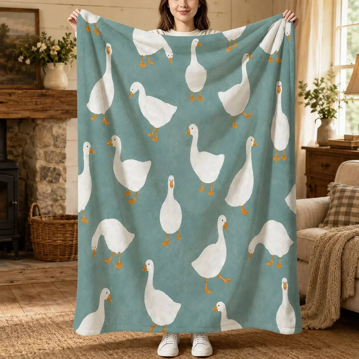 One Pastoral Farm White Goose Flannel Blanket, Single-Side Print, Soft Lightweight Portable Throw, for Sofas, Bedrooms & Office Naps, Country Living Room Decor