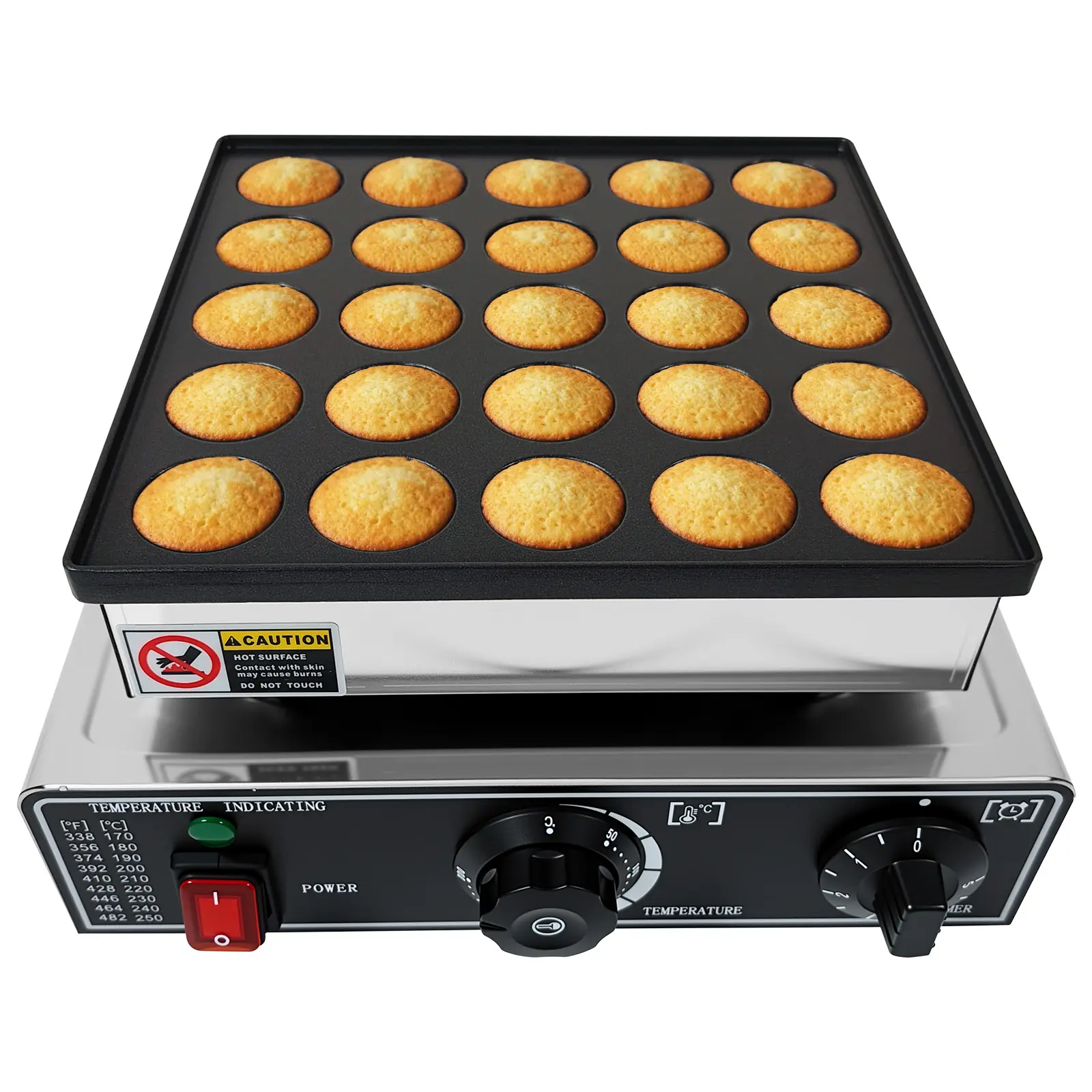 25-Hole Non-Stick Mini Dutch Pancake Maker, 900W Electric Poffertjes Griddle, Adjustable Temperature & Timer, 110V, Silver