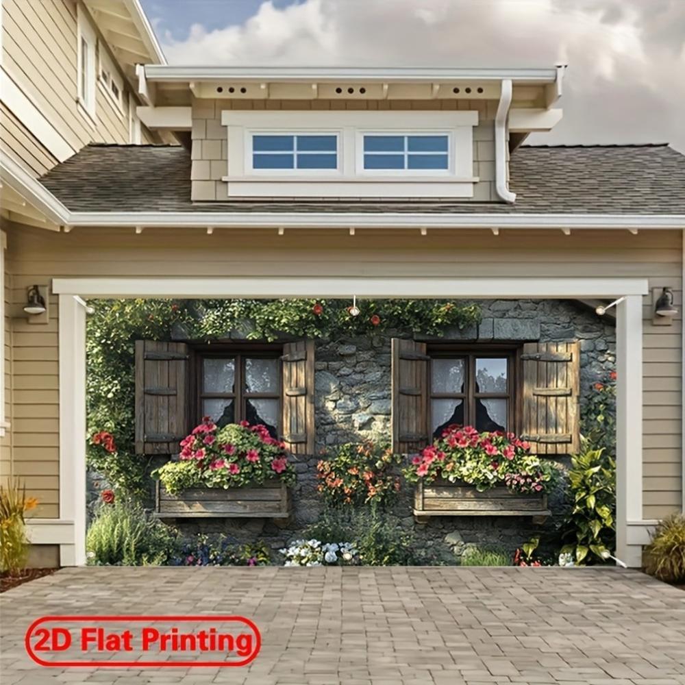 2D Flat - 2D Door Banner 1pc 2D Flat Large Polyester Garage Door Banner | Stone Wall and Colorful Floral Theme Design, Suitable for Festival, Courtyard, Studio, Home and Garden Celebrations, M