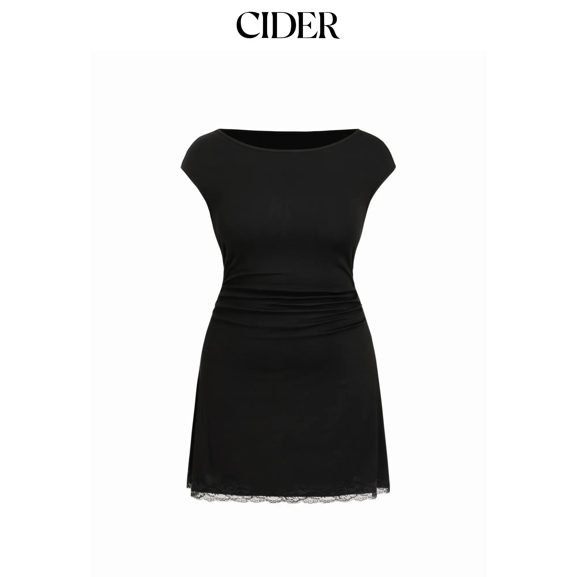 Cider Cotton-blend Boat Neck Ruched Lace Panel A-line Mini Dress Curve & Plus