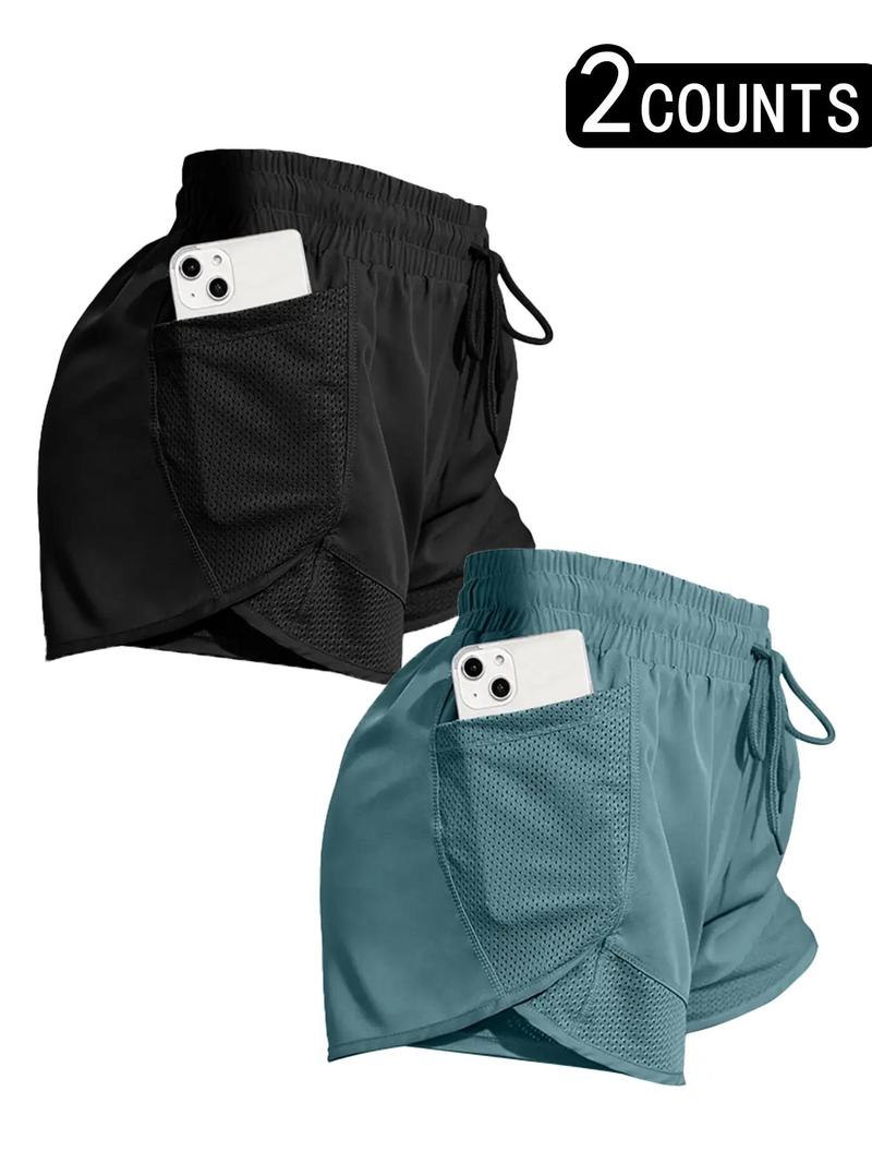 Women's Plain Pocket Drawstring Waist Sports Shorts, Gym Shorts, Sporty Quick-drying 2 in 1 Wrap Shorts, Women's Sportswear for Running Workout, Outdoor Sports Shorts