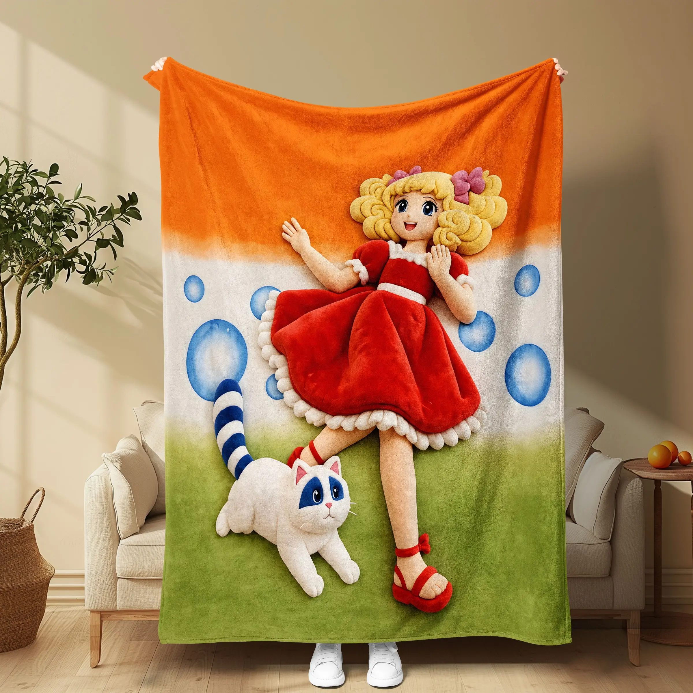 Vintage Healing Girl Limited Edition Flannel Blanket, Gradient Three-Color Bottom, Soft Flannel, Sofa Bed Decor, Office Nap, Retro Anime Lovers Gift