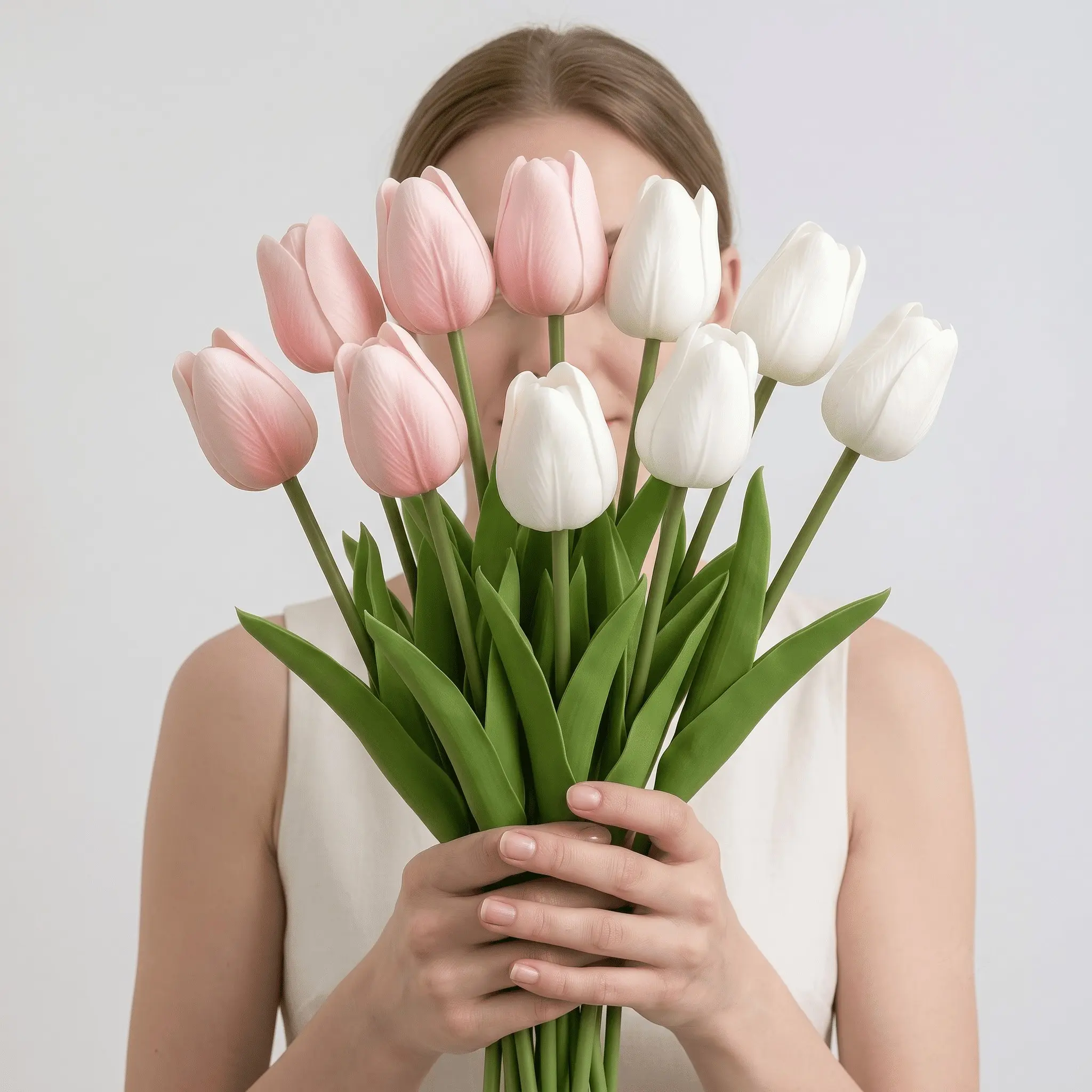 10pcs Mixed Artificial Tulips Bundle Durable Plastic Flower 5 White 5 Pink UV Fade Resistant Nordic Aesthetic Summer Fall Table Decor, No Pot Fake Tulip Flowers for Living Room Anniversary Party Indoor Home Arrangements
