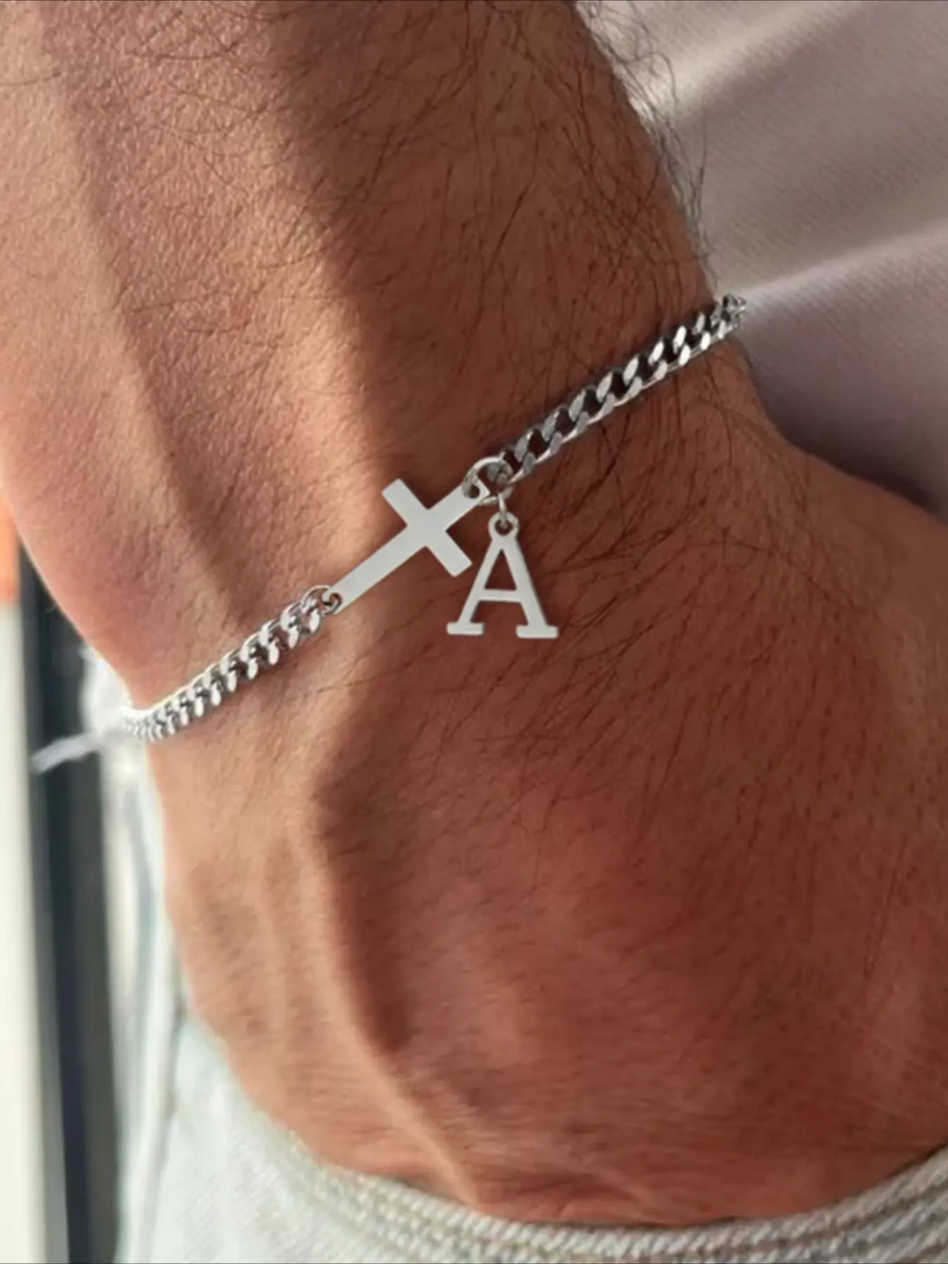 Men's Initial Cross Bracelet, A-Z Letter Charm Stainless Steel Cuban Chain, Adjustable Silver-Tone Personalized Jewelry Gift for Him, Jewelry Bracelets