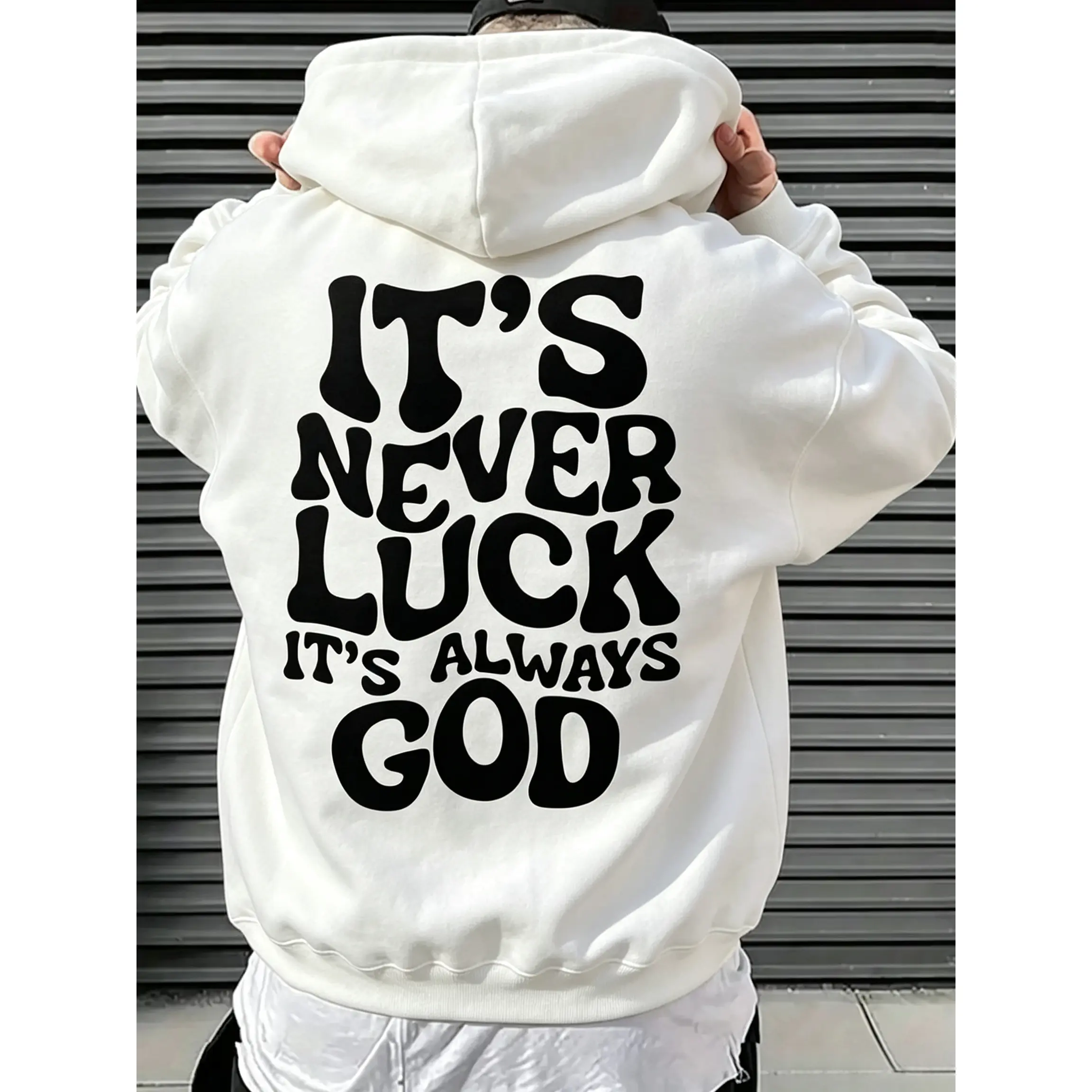 Oversized Pullover Hoodie It's Never Luck It's Always God Bubble Text Back Graphic Sweatshirt Minimal Christian Faith Streetwear Unisex Black White Casual Hooded Top