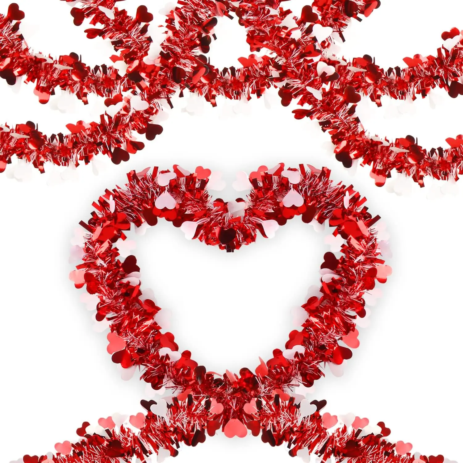32.8 Ft Valentine's Day Tinsel Garland,Shiny  Decor for Wedding Engagement Anniversary Party Supplies(Red White)