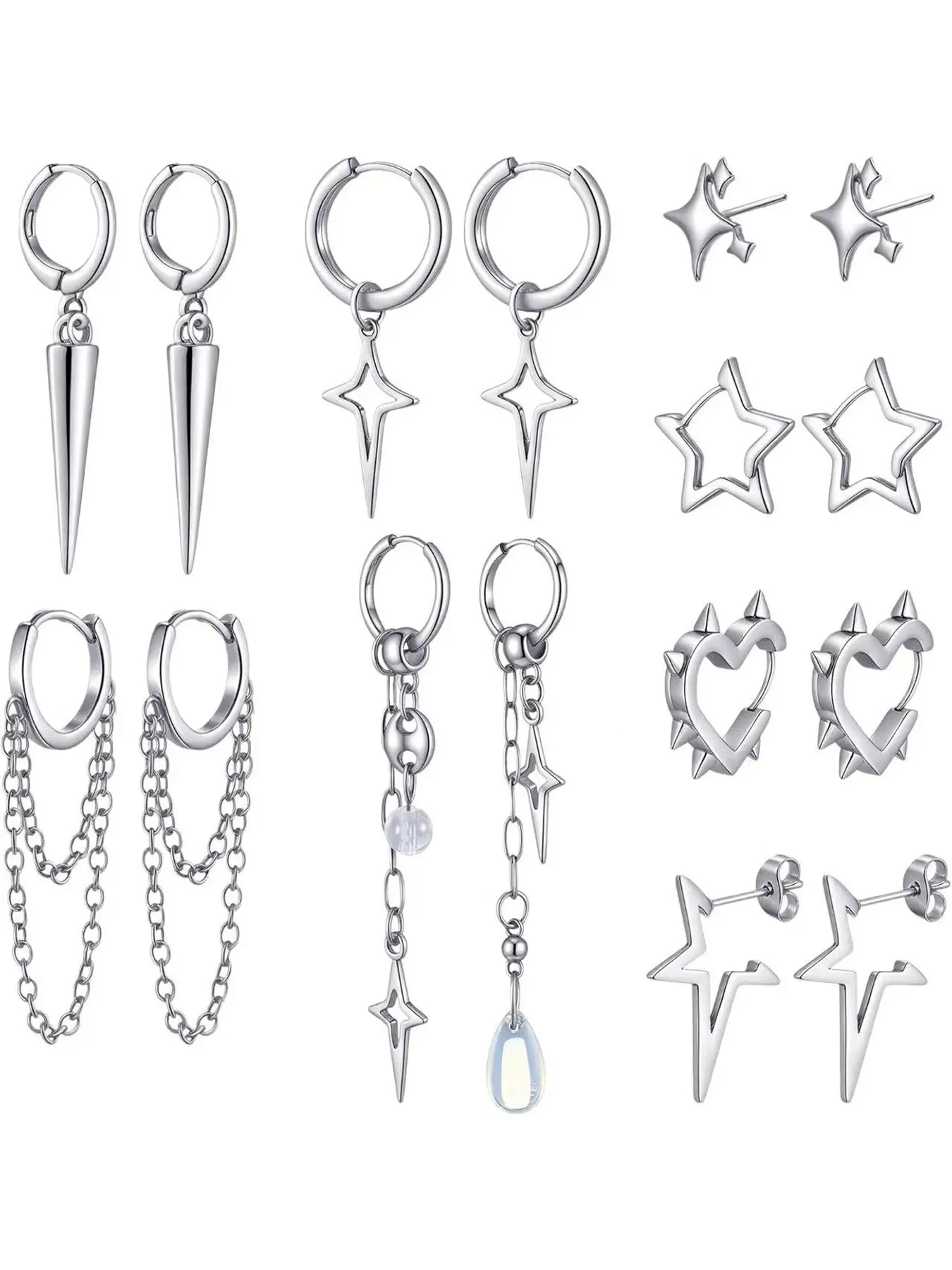 8 Pairs Dangle Hoop Earrings Set for Men Women, Punk Y2K Goth Gothic Tassel Chain Drop, Star Moon Stud Huggie Earrings Gift