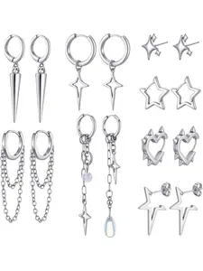 8 Pairs Dangle Hoop Earrings for Men Women, Punk Y2K Goth Gothic Tassel Chain Drop, Star Moon Stud Huggie Earrings Gift