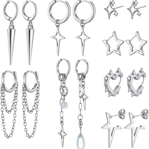8 Pairs Dangle Hoop Earrings Set, for Men and Women, Punk Y2K Goth Gothic Chain Drop, Star Stud, Fashionable Huggie Earrings Gift