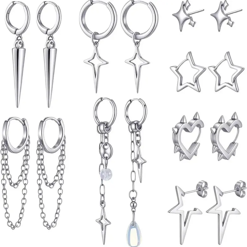 8 Pairs Dangle Hoop Earrings Set, for Men and Women, Punk Y2K Goth Gothic Chain Drop, Star Stud, Fashionable Huggie Earrings Gift