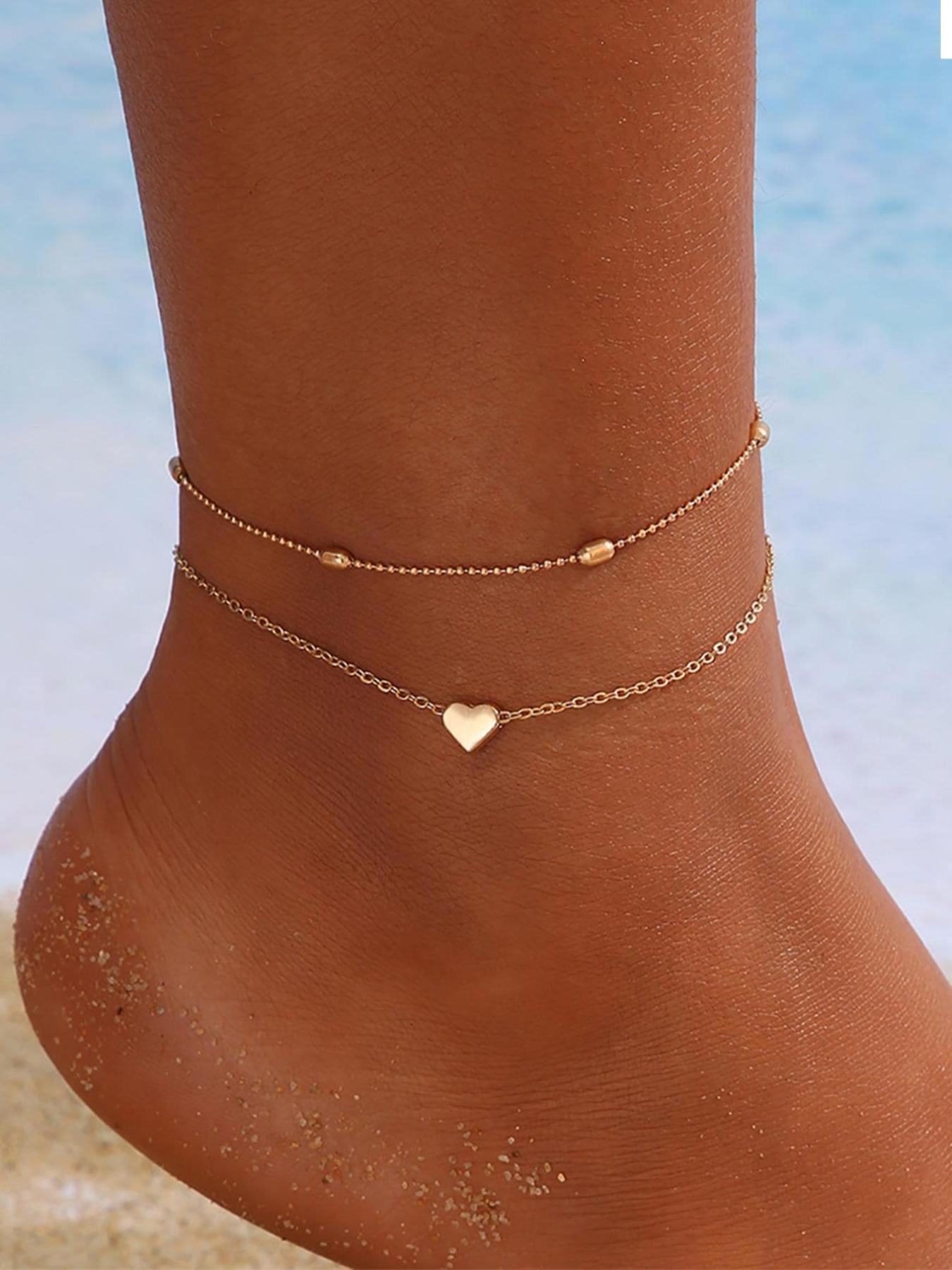 Women's Summer Beach Vacation Heart Design Anklet, Fashionable Simple Star Beaded Ankle Bracelet, Multi-Layer Pearl Chain Jewelry