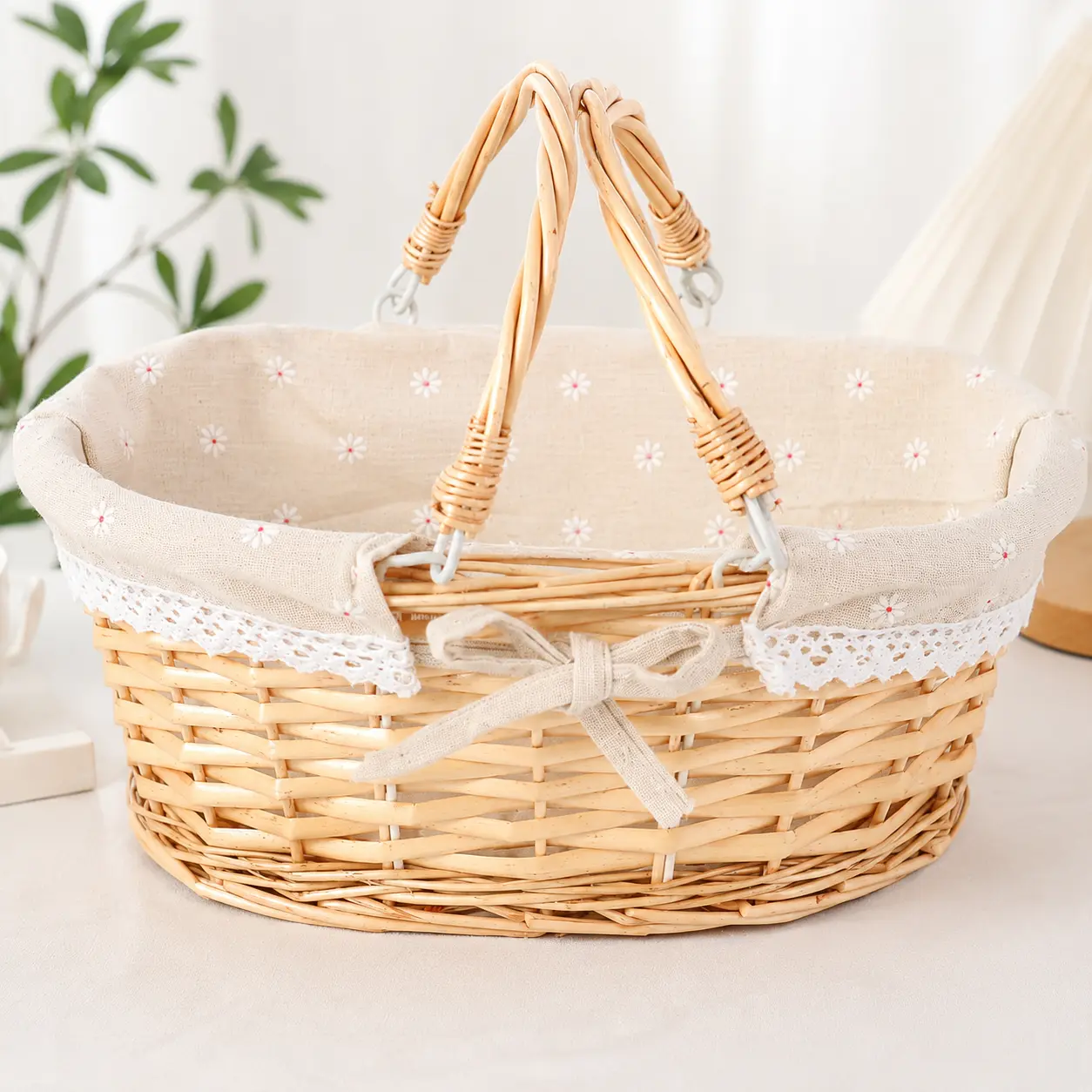 Empty Wicker Gift Basket with Handles, 13-Inch Oval Woven Willow Basket with Fabric Liner for Easter, Weddings, Fruit and Home Storage,Bulk