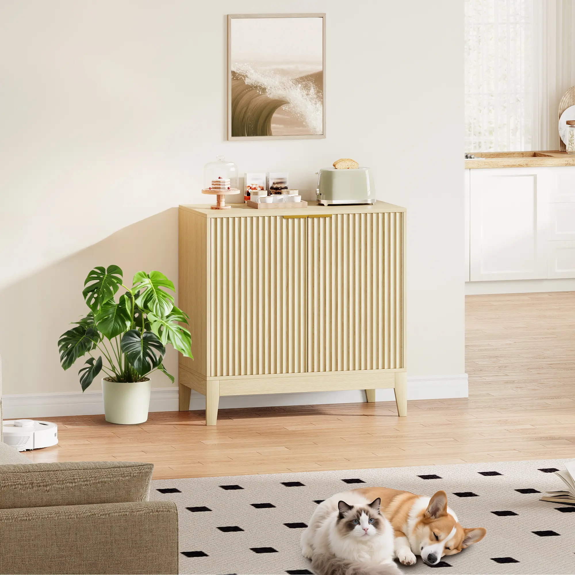 31.5" Fluted Cabinet with 2 Doors, Sideboard Buffet, Modern Storage Cabinet with Adjustable Shelf, Multifunctional Accent Credenza Console Table for Living Room, Kitchen, Entryway